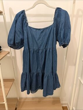 Women’s Denim Puff-Sleeve Tiered Dress - Blue